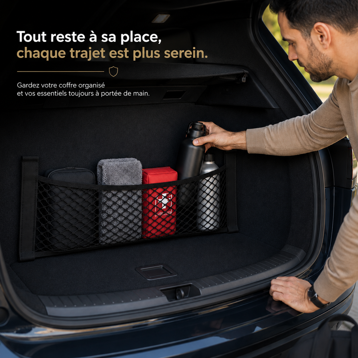 Personne utilisant un filet de rangement dans le coffre d'une voiture pour accéder facilement aux accessoires auto et produits d'entretien.