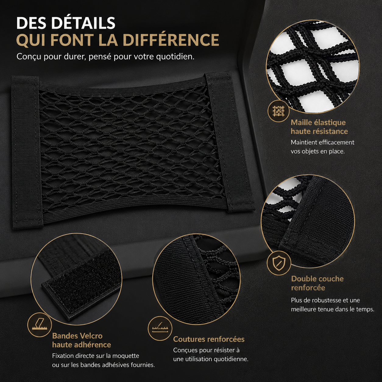 Détails du filet de rangement pour coffre de voiture avec maille élastique, coutures renforcées et fixation Velcro haute adhérence.