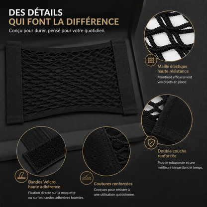 Détails du filet de rangement pour coffre de voiture avec maille élastique, coutures renforcées et fixation Velcro haute adhérence.
