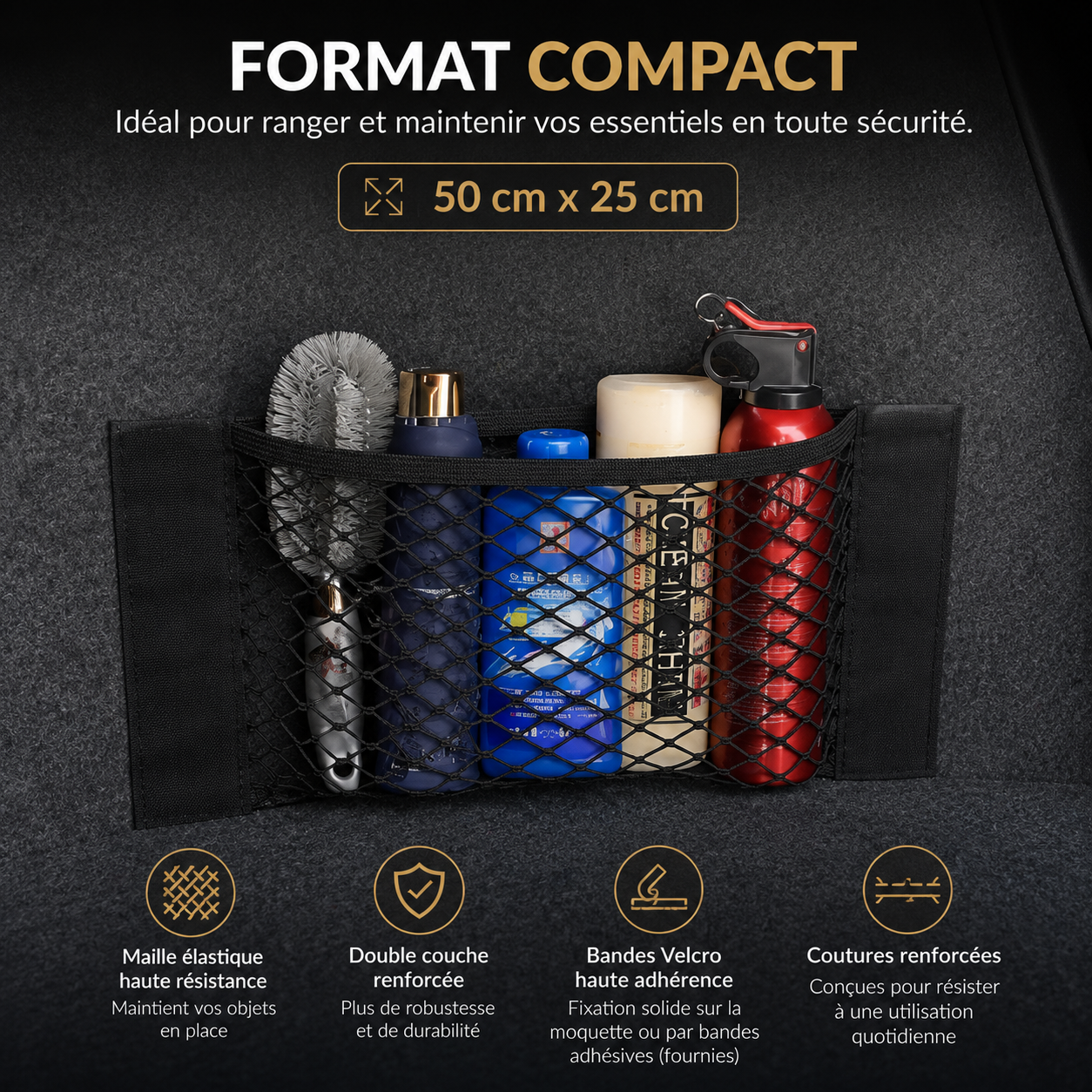 Filet de rangement compact pour coffre de voiture de 50 × 25 cm permettant d'organiser les accessoires auto en toute sécurité.