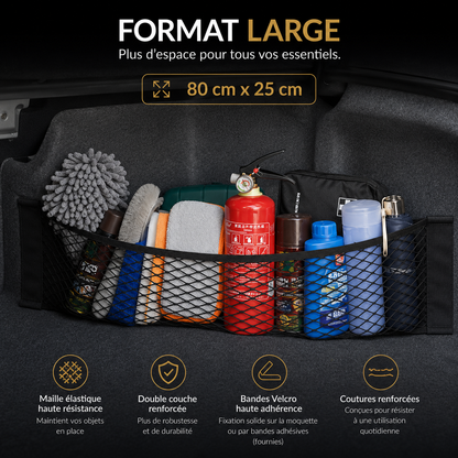 Filet de rangement compact pour coffre de voiture de 80 × 25 cm permettant d'organiser les accessoires auto en toute sécurité.