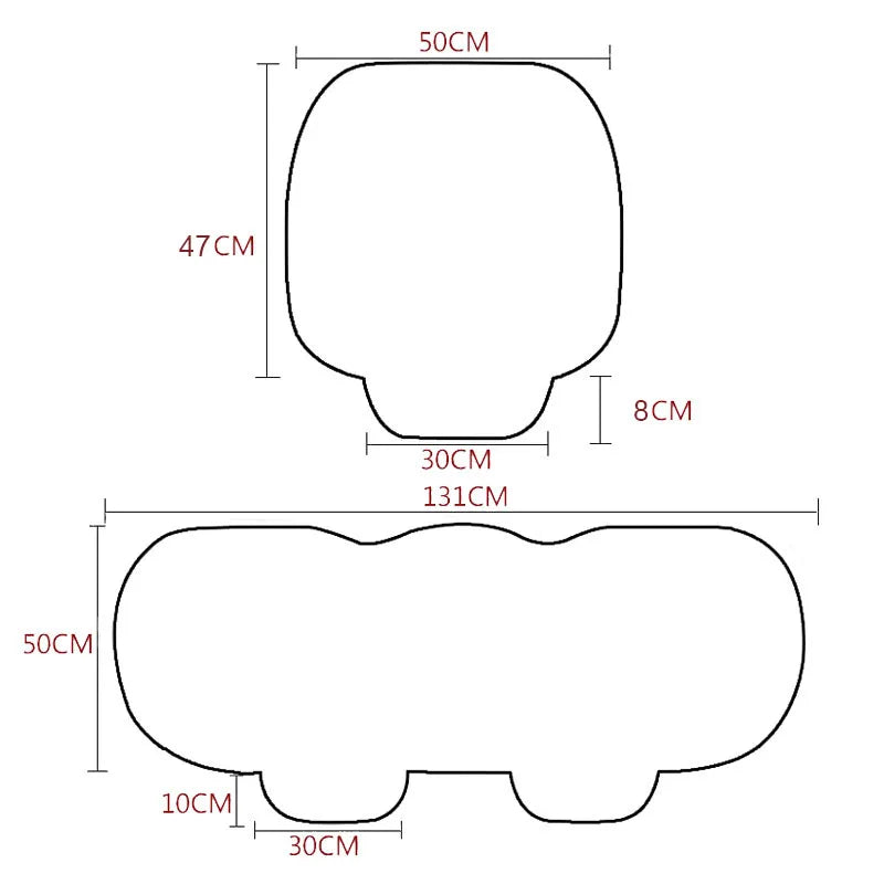 Schéma des dimensions de la protection de siège auto, assise avant et arrière avec mesures détaillées
