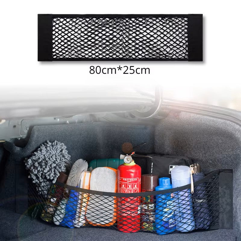 Filet de rangement coffre voiture 80 × 25 cm en maille noire.