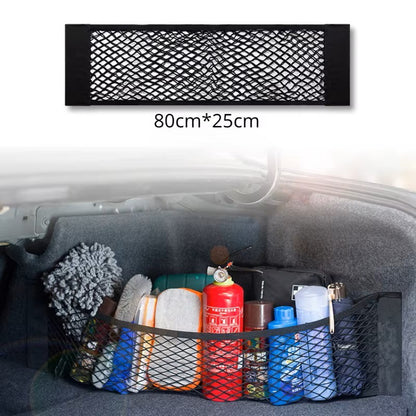 Filet de rangement coffre voiture 80 × 25 cm en maille noire.