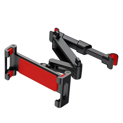 Support universel pour tablette ou smartphone à fixation sur appuie-tête de voiture, bras articulé réglable en rouge.