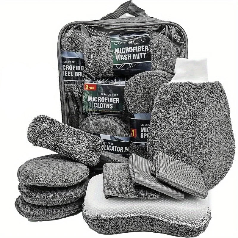 Kit de nettoyage voiture 9 pièces gris avec accessoires microfibre et pinceaux intérieur