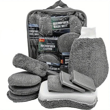 Kit de nettoyage voiture 9 pièces gris avec accessoires microfibre et pinceaux intérieur