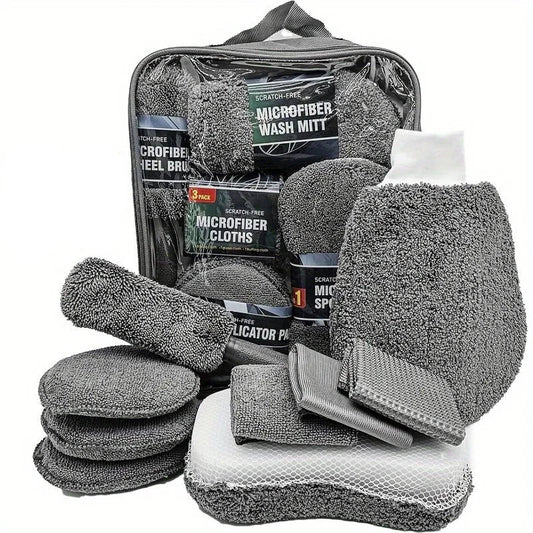 Kit de nettoyage voiture 9 pièces gris avec accessoires microfibre et pinceaux intérieur