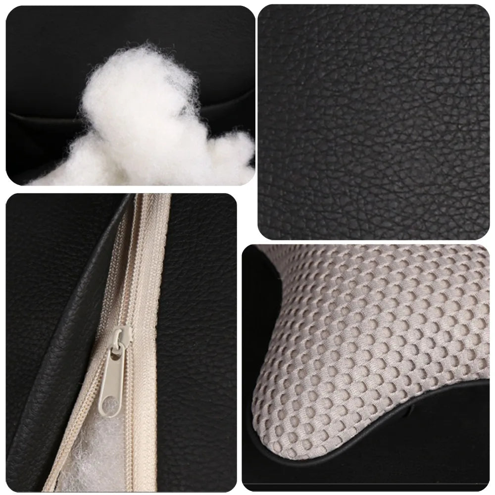 Détails du coussin repose-tête ergonomique pour voiture : rembourrage intérieur, fermeture éclair, tissu respirant et finitions.