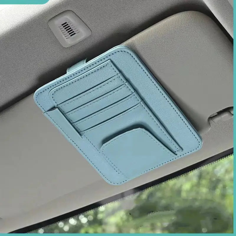 Organisateur de pare-soleil pour voiture bleu avec rangement pour cartes et lunettes