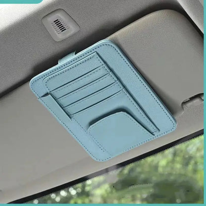 Organisateur de pare-soleil pour voiture bleu avec rangement pour cartes et lunettes