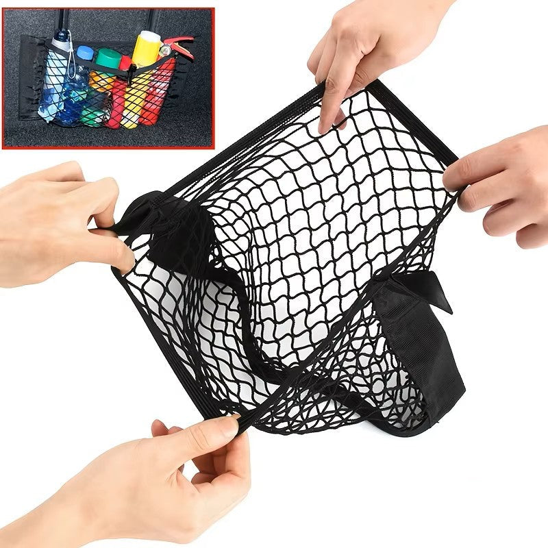 Filet de rangement voiture avec fixation auto-agrippante type Velcro.
