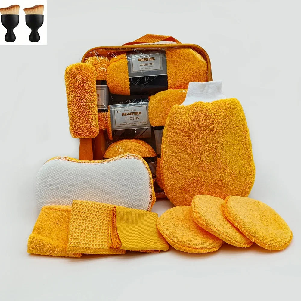 Kit de nettoyage voiture 9 pièces orange avec accessoires microfibre et pinceaux intérieur