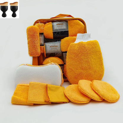 Kit de nettoyage voiture 9 pièces orange avec accessoires microfibre et pinceaux intérieur