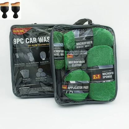 Kit de nettoyage voiture 9 pièces vert avec accessoires microfibre et pinceaux intérieur
