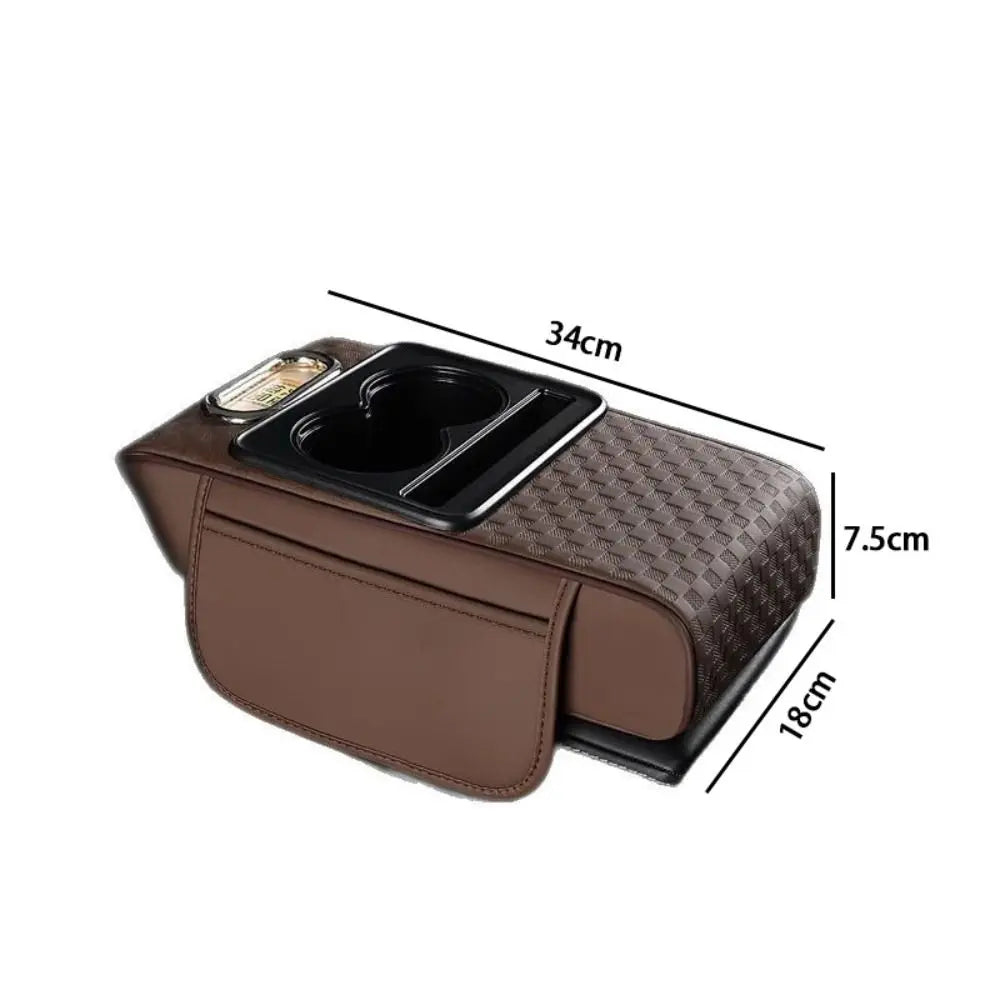 Coussin d’accoudoir de console centrale pour voiture, rangement multifonction avec porte gobelet et distributeur de mouchoirs, dimensions 34 × 18 × 7,5 cm.