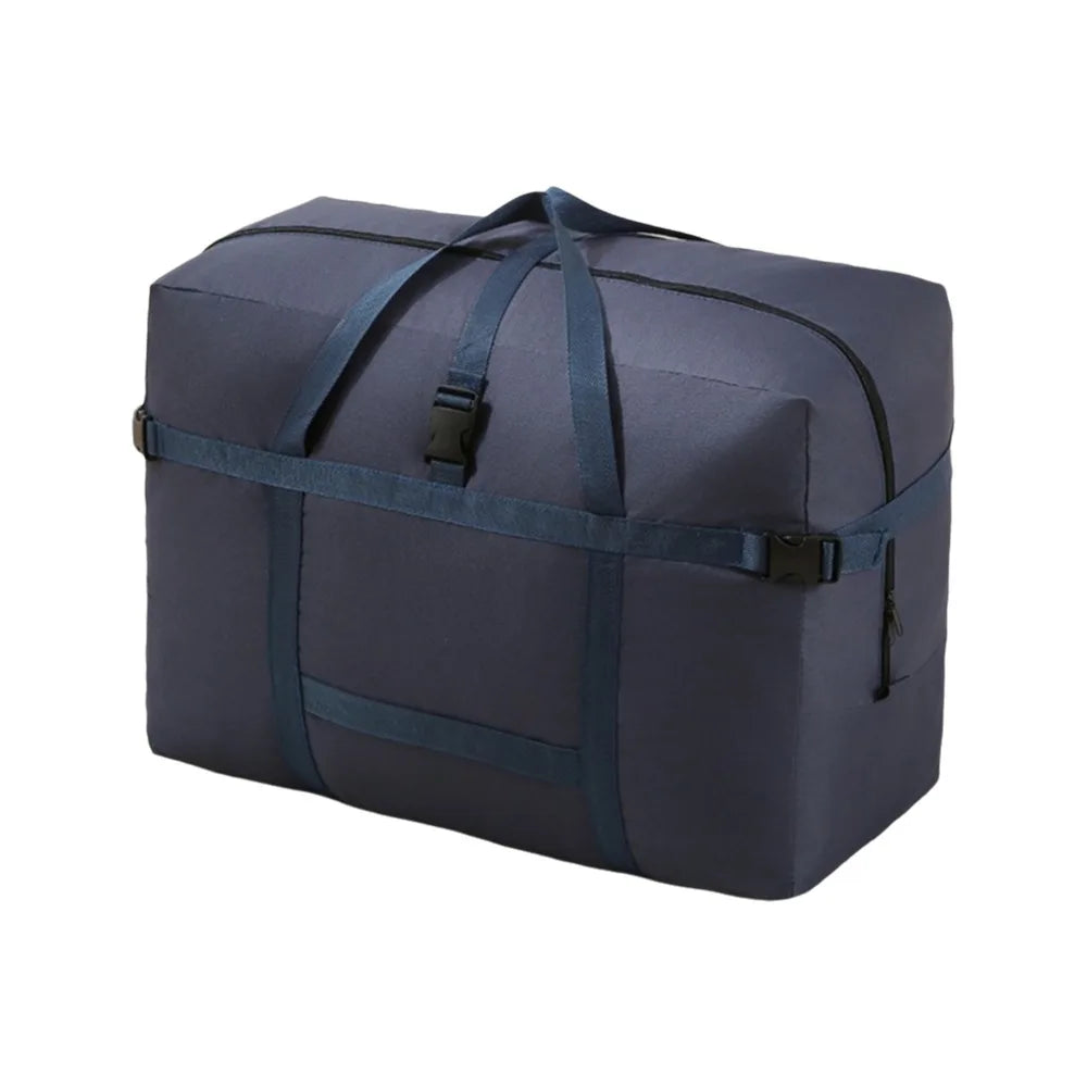 Sac de voyage grande capacité en tissu Oxford coloris bleu, pliable, imperméable et résistant.