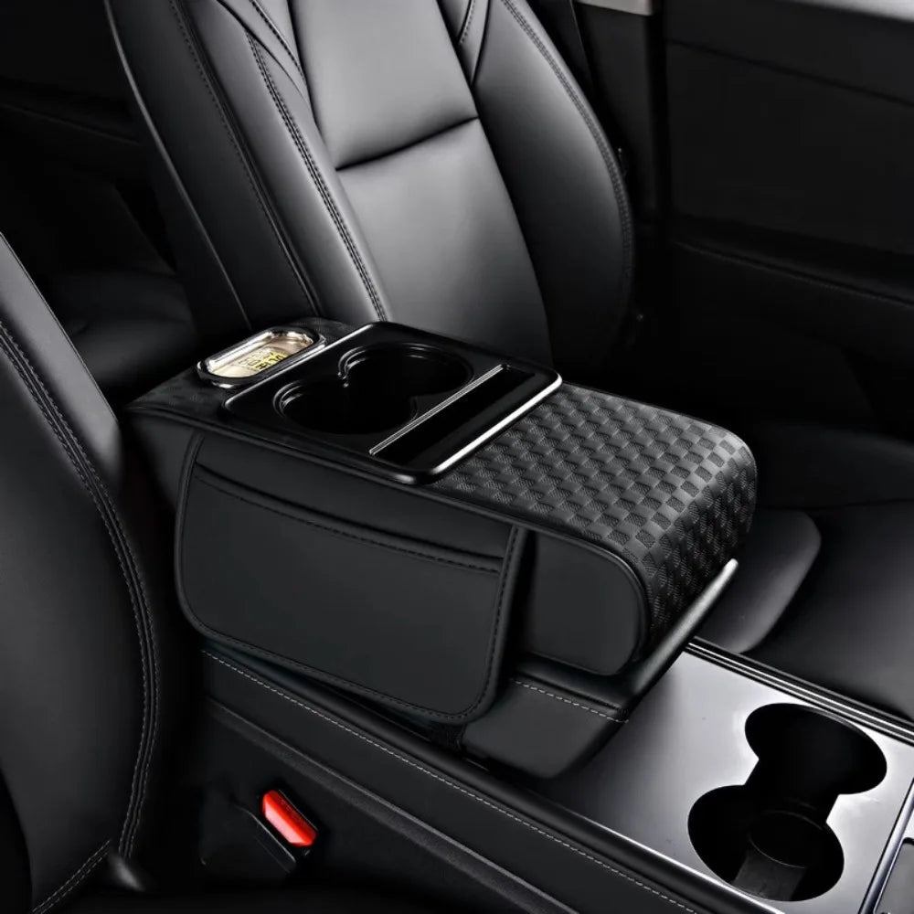 Coussin d’accoudoir de console centrale pour voiture noir avec porte gobelet et distributeur de mouchoirs intégrés.