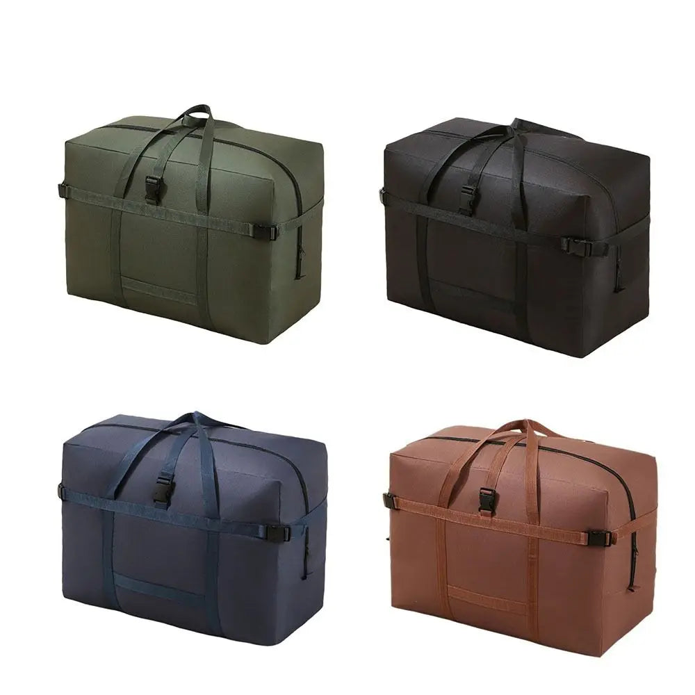 Sac de voyage grande capacité en tissu Oxford disponible en quatre coloris : vert kaki, noir, bleu marine et marron.
