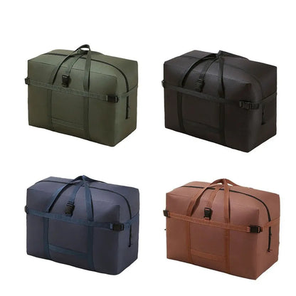 Sac de voyage grande capacité en tissu Oxford disponible en quatre coloris : vert kaki, noir, bleu marine et marron.