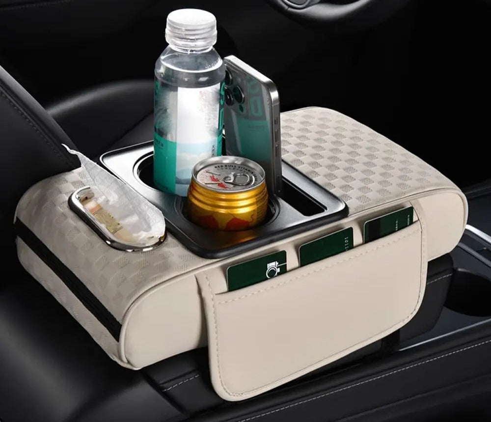 Coussin d’accoudoir de console centrale pour voiture avec porte-gobelet, distributeur de mouchoirs et rangement intégré.