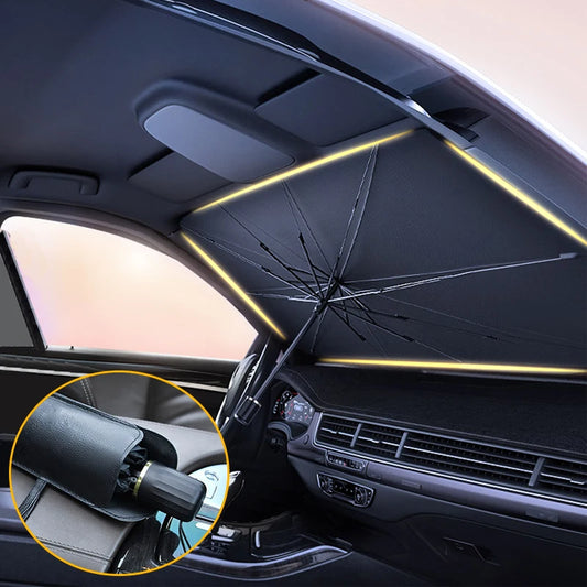 Pare-soleil pare-brise voiture pliable type parapluie réduisant la chaleur et protégeant l'habitacle des rayons UV.