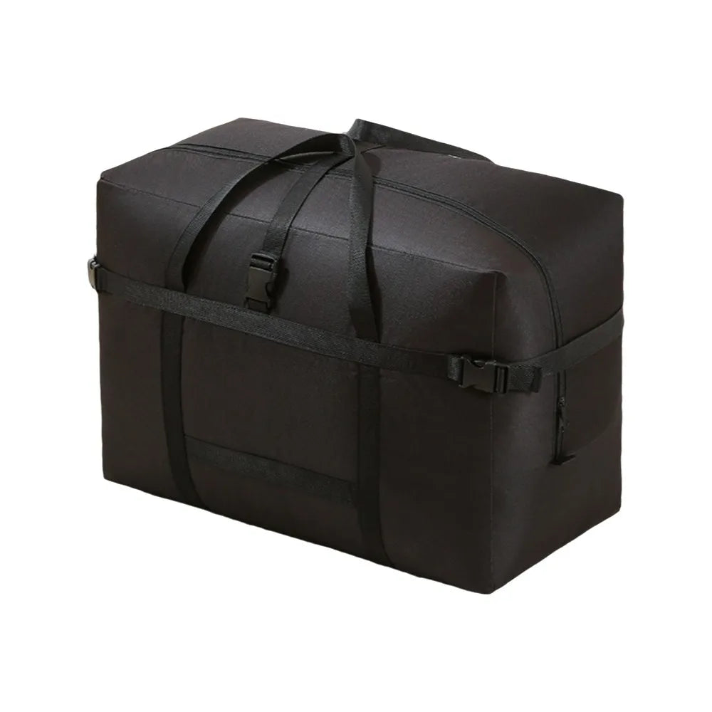 Sac de voyage grande capacité en tissu Oxford coloris noir, pliable, imperméable et résistant.