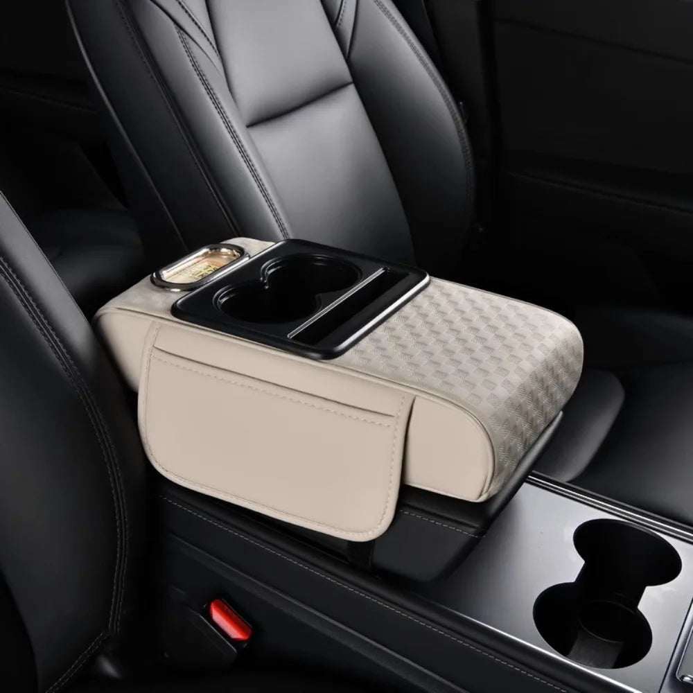 Coussin d’accoudoir de console centrale pour voiture blanc avec porte gobelet et distributeur de mouchoirs intégrés.