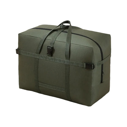 Sac de voyage grande capacité en tissu Oxford coloris kaki, pliable, imperméable et résistant.