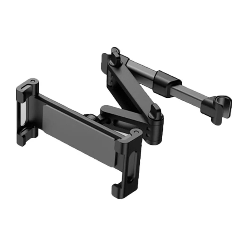 Support universel pour tablette ou smartphone à fixation sur appuie-tête de voiture, bras articulé réglable en noir.