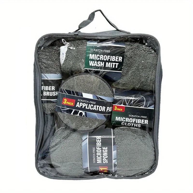 Kit de nettoyage voiture 9 pièces dans housse de rangement avec accessoires microfibre