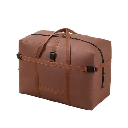 Sac de voyage grande capacité en tissu Oxford coloris marron, pliable, imperméable et résistant.