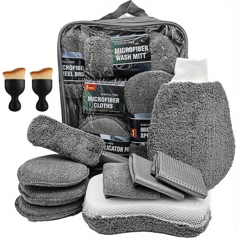 Kit de nettoyage voiture 9 pièces avec accessoires microfibre et 2 pinceaux intérieur